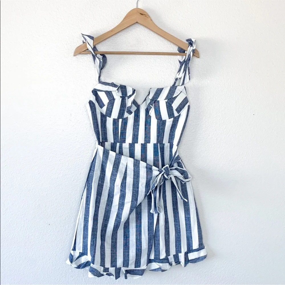 Saints + Secrets Stripes Denim Sweetheart Faux Wrap Dress Blue White Ruffle Mini - Picture 5 of 15